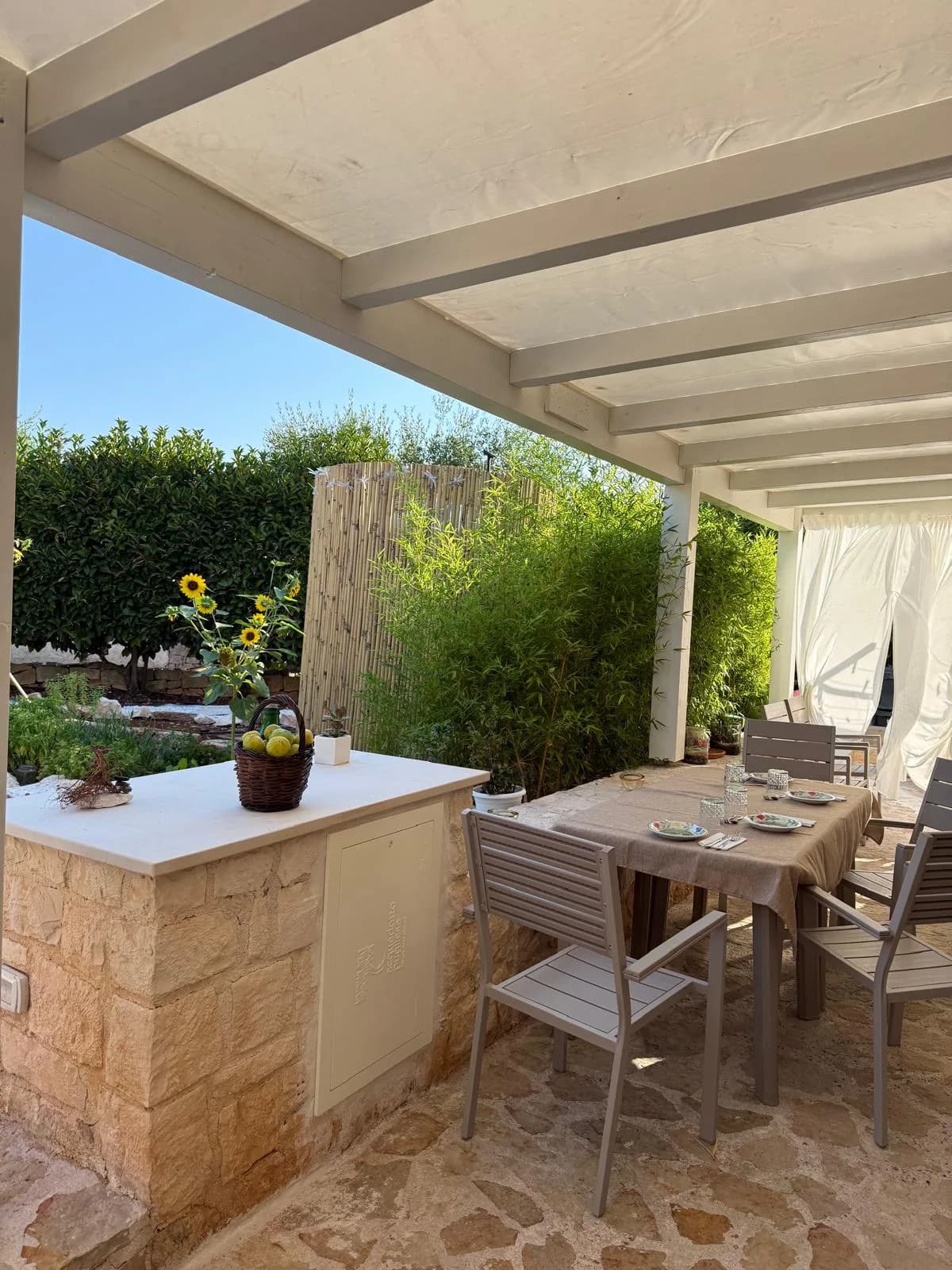 Tavola della colazione all'aperto con fichi, frutta e girasoli