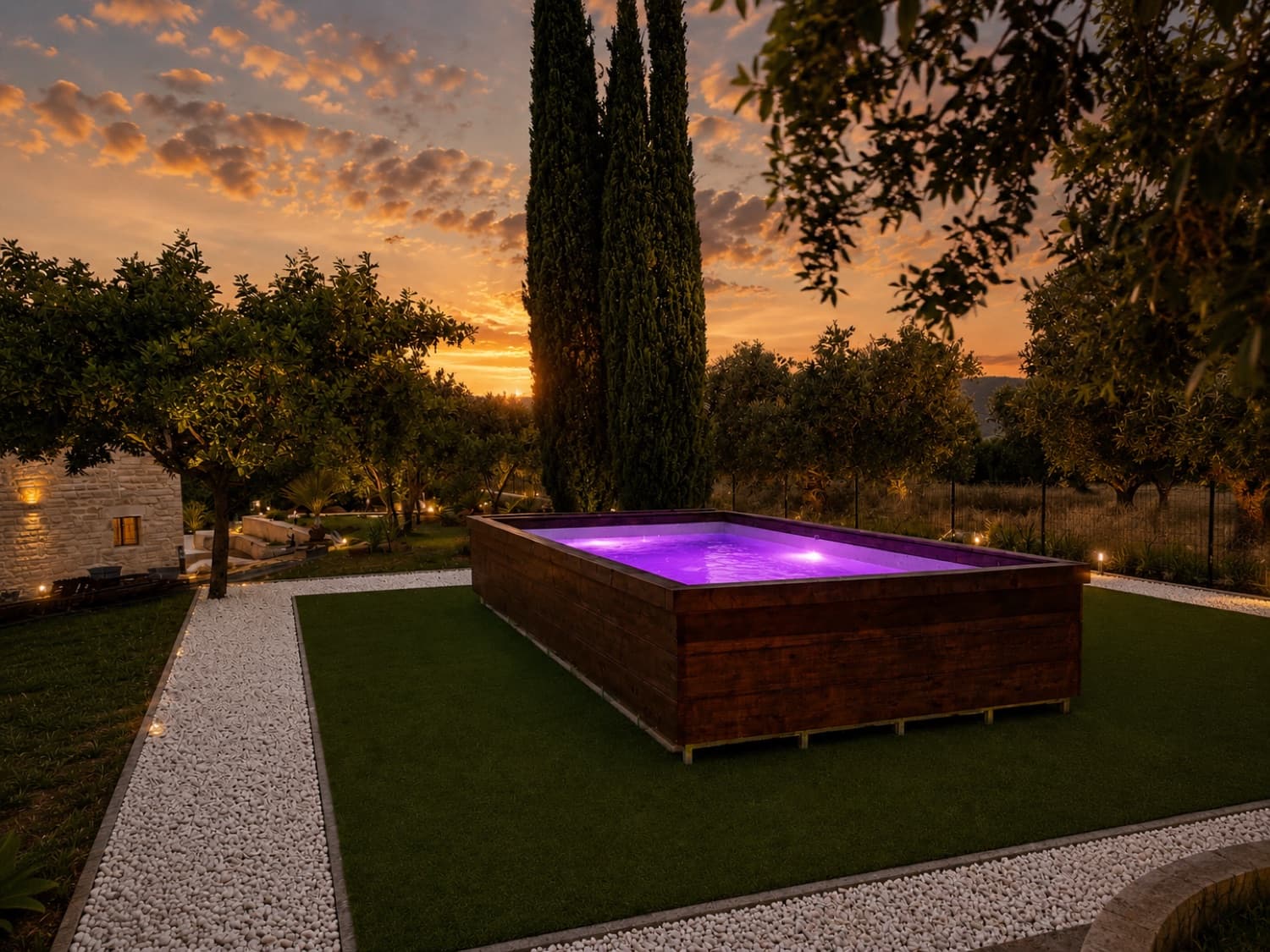Giardino serale con piscina illuminata